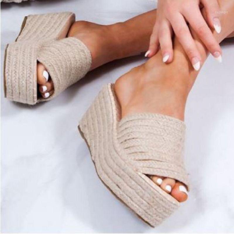 

34-43 women's straw slipper platform slippers high heel sandals wedge slippers z1941, Beige