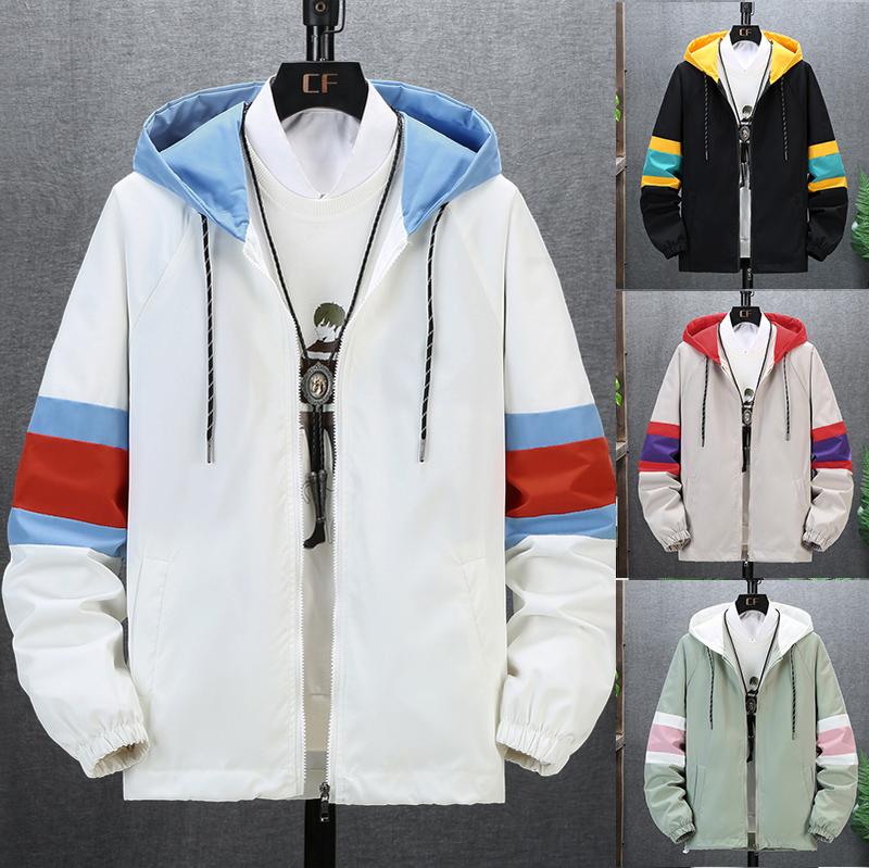 

Streetwear Casual Jacket Men Zipper Sportswear Patchwork Sleeve Long Sleeve Jacket Coat Sweatshirt Fashion Spring Autumn Loose, Beige