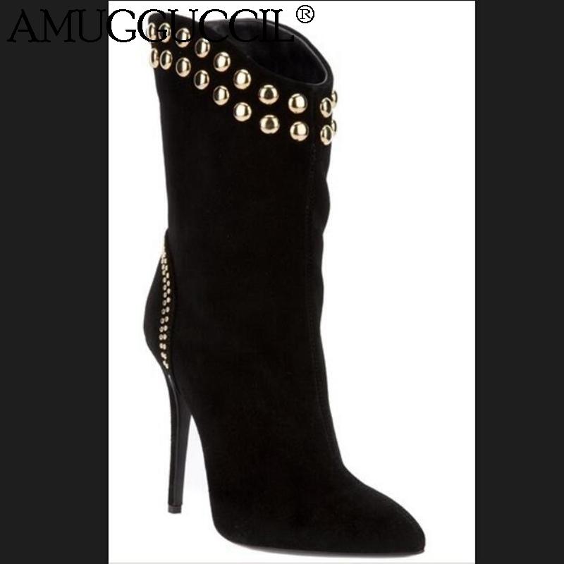 

2020 New Plus Big Size 35-43 Black Rivets Fashion Sexy High Heel Females Girl Ladies Mid Calf Autumn Winter Women Boots X1924