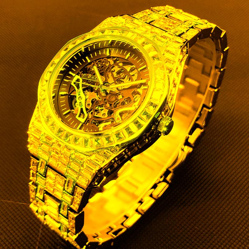 

Wristwatches Iced Out Mechanical Watches Men Full Diamond Skeleton Watch Hip Hop Waterproof Tourbillon Automatic Clock 2022, Gold