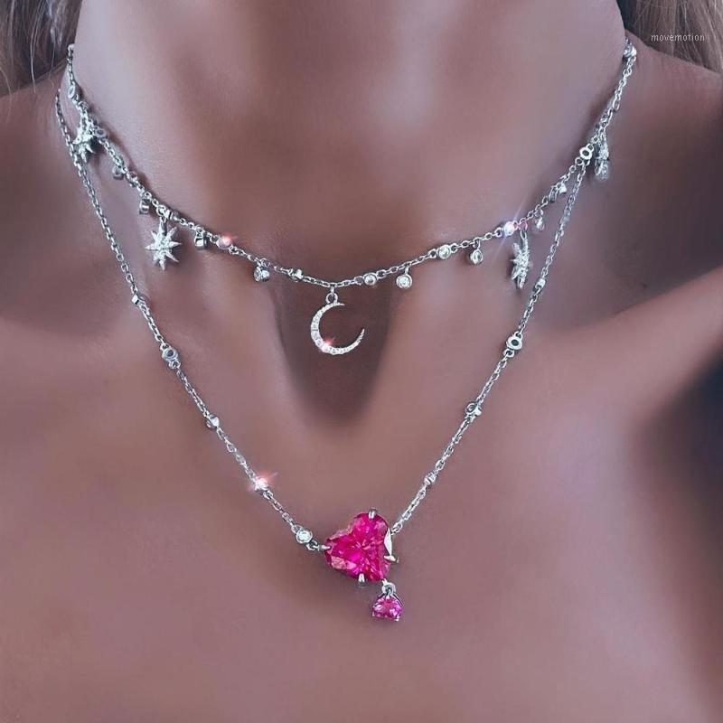 

2021 Valentine's Day Gift For Lover Fashion Jewelry CZ Link Chain Double Red Heart Charm Women Necklace1