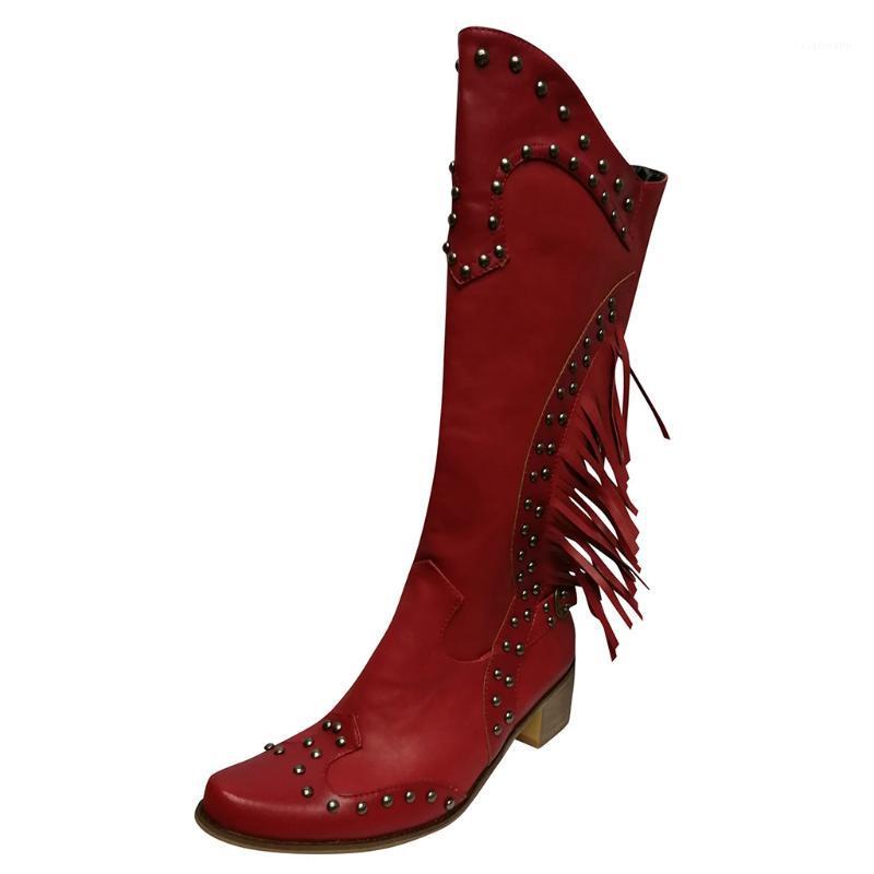 

Rivet Women Knight Boots Tassel High Heels Autumn Woman Shoes Winter Women Mid-Boot Boots Pointed1, Red
