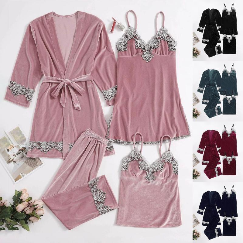 

Autumn Winter Warm Fashion 4 Pieces Nightgown Gold Velvet Pajamas Lace Nightdress Underwear Sleepwear Trousers Set Women, Green