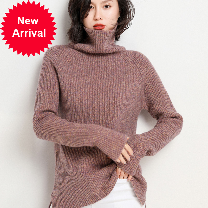 

2021 New 100% Wool Shiner Yarn Turtleneck Sweater Warm Thick Ribs Raglan Pullover Female Shirt Base Winter Need Bb8d, Lt camel.
