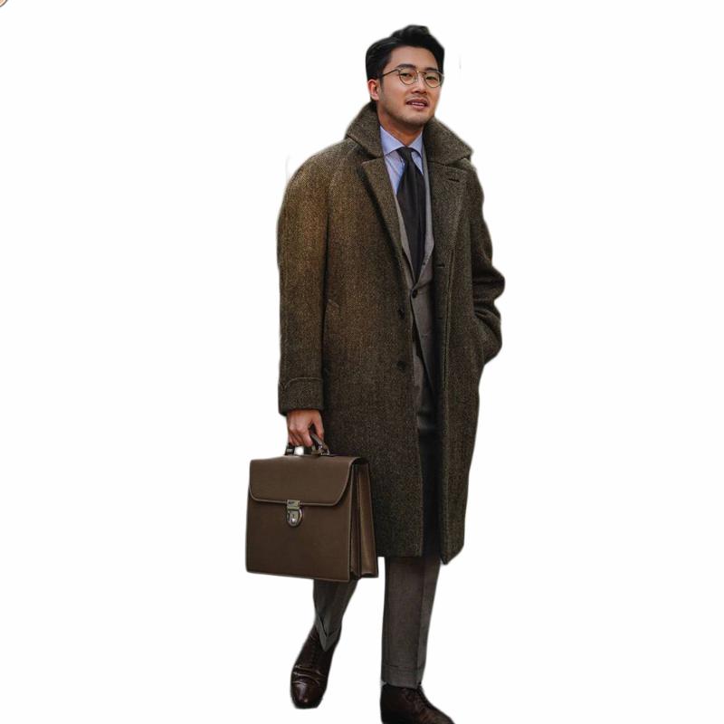 

Solid England Style Winter Woolen Overcoat Warm Men' England Singal Breasted Thick Loose Mid-Length Casual Trench Coat Male, Pic