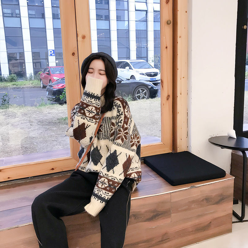 

2021 Women's Sweater Fall and Winter New Lazy Retro Wind Students Loose Joker Foreign-style Jacket 98YB, Beige