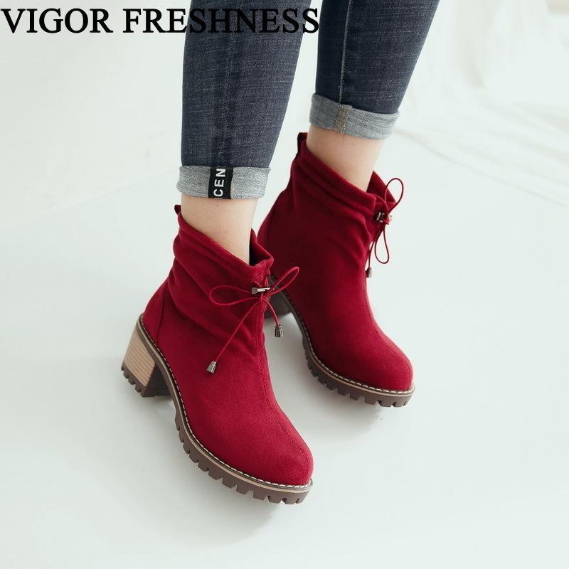 

VIGOR FRESHNESS Boots Women Shoes Middle Heels Elastics Woman Ankle Boots Autumn Spring Ladies Shoes Short Bota Feminina MY221, Black