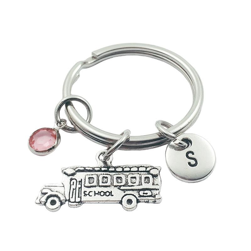 

School Bus Initial Letter Birthstone Keychains Keyring Creative Fashion Jewelry Women Gifts Accessories Pendant