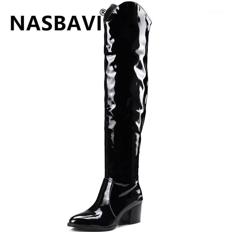 

NASBAVI 2020 new leopard Women Sexy long boots Over the knee Pointed mid heel set head boot Bare boots black1, Black