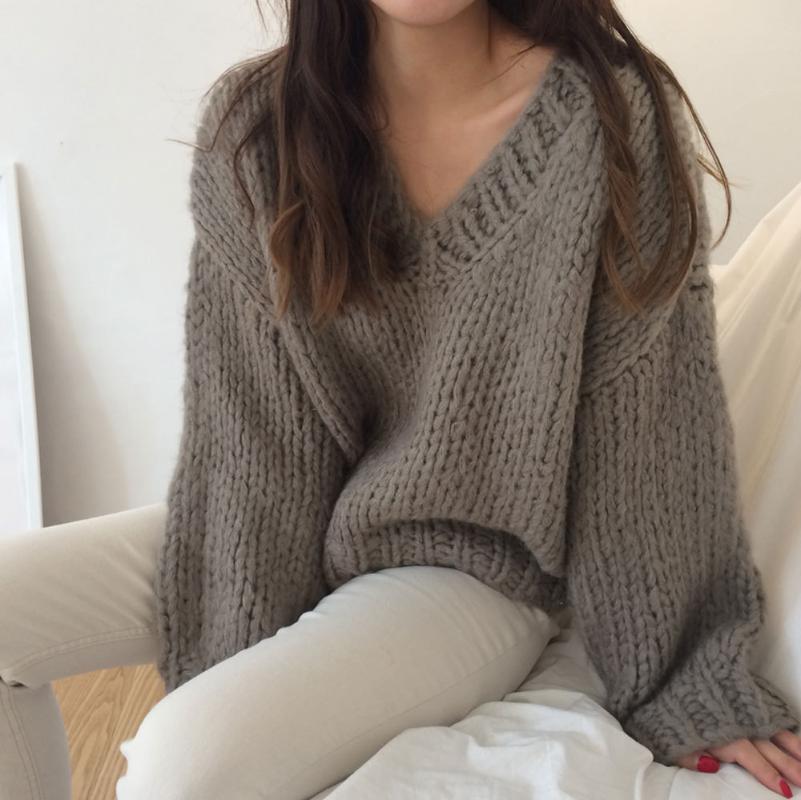 

Thick Needle Autumn Winter Sweater Women Knitted New Sweaters Casual Long Sleeve V-Neck Chic Mohair Knitting Sweater Warm Tops, Beige