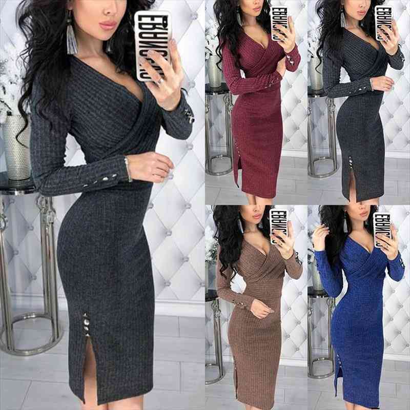

Fashion Autumn And Winter Knitted Sweater Skinny Sexy Deep V-neck Long Sleeve Party Dress Solid Color Split For Ladies, Black;gray