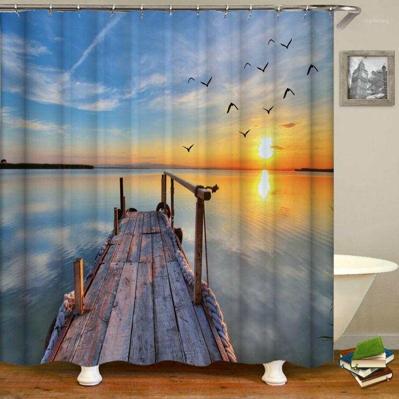 

Waterproof Bathroom Shower Curtains Sea Trestle Sunset Dusk Scenery Bath Curtain 3d Printing With Hooks Washable Polyester Cloth1