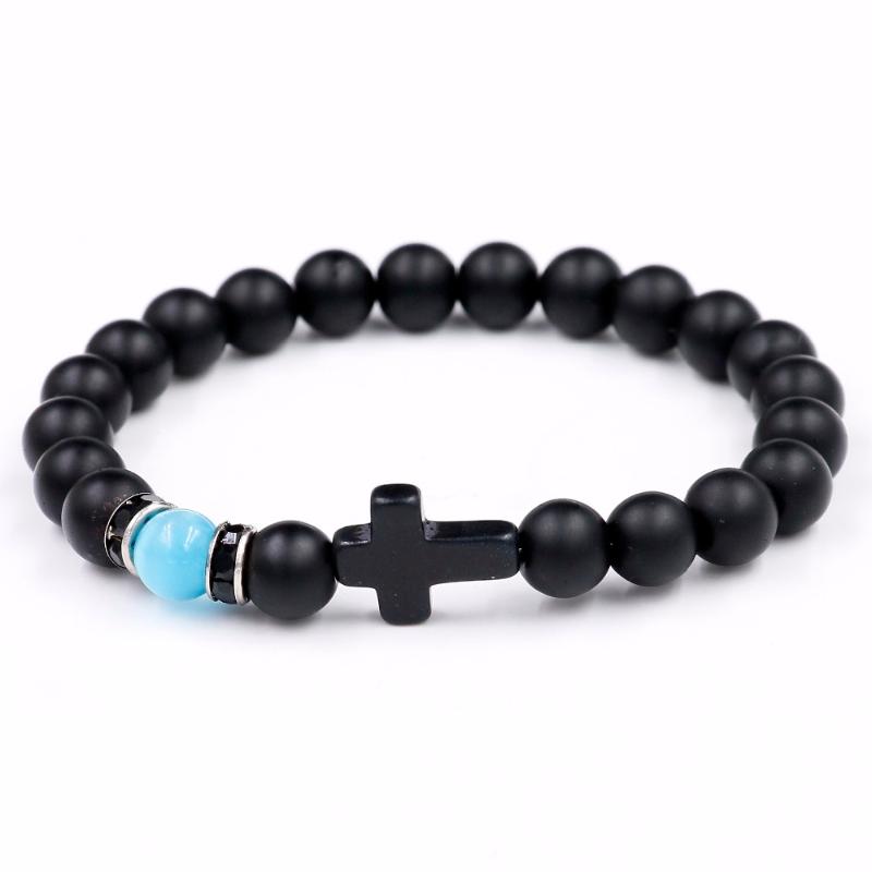 

Men 8mm Best Quality Cross Pendent With White Tridacna Stone Beads Bracelet For Women Black Matte Onyx Stone With Opal Bangle
