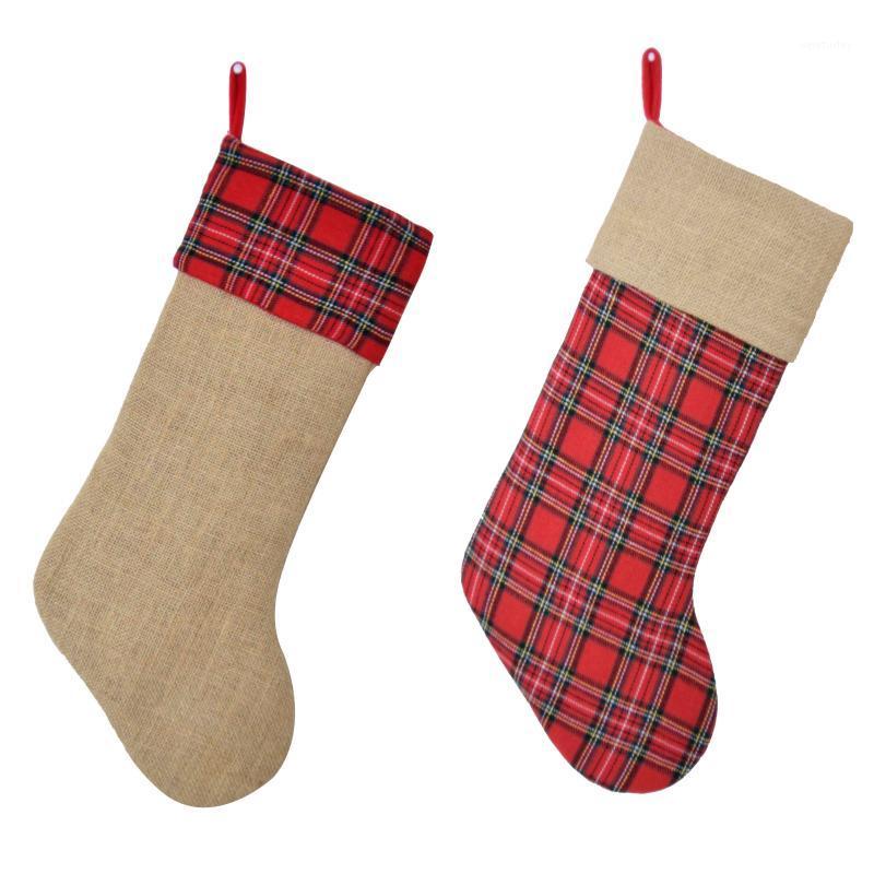

Burlap jutte Christmas Stocking plaid Christmas Stockings tree decoration1