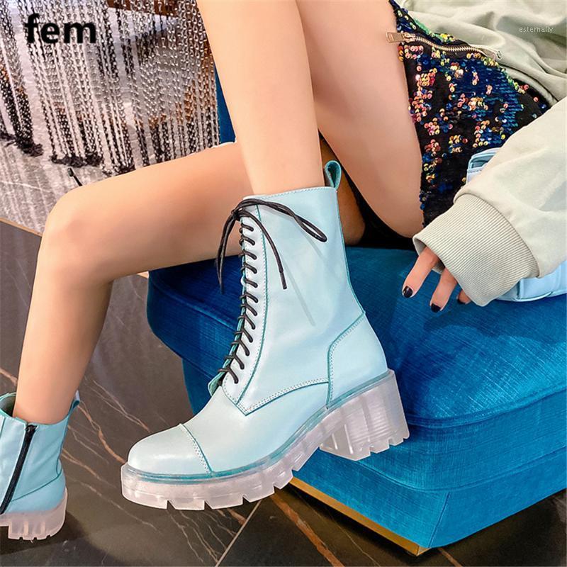 

FEM Designer Shoes For Women Ankle Boots Cross Tied Femmes Chaussures Clear Heels Chunky Botas De Mujer Round Toe Low Heels Buty1, Black