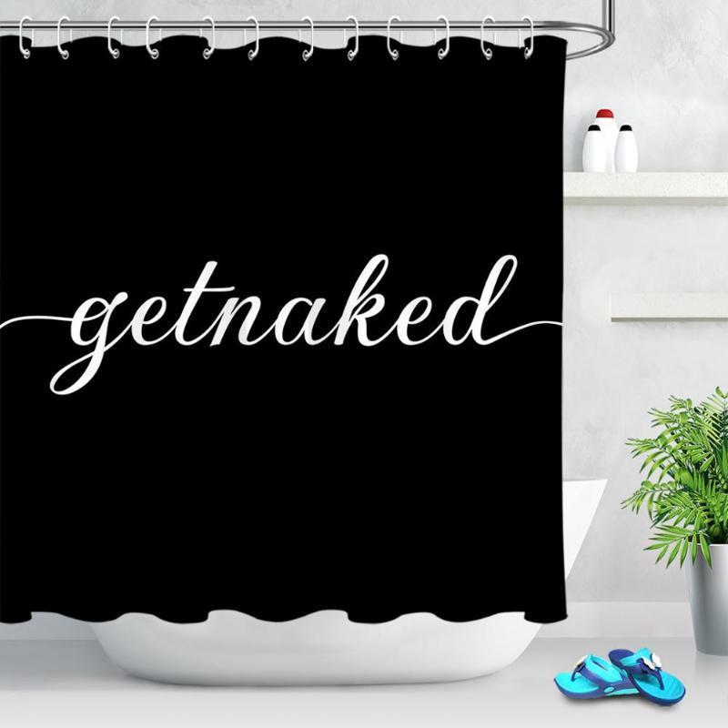 

Funny Cute Get Naked Shower Curtain White Words Black Background Simple Design Fabric Bathroom Bath Curtain Decor Set with Hooks1