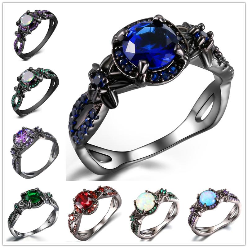 

Black Gun Plated Natural Crystal Birthstone Women Rings Geometric Opal Druzy Rings For Party Wedding Gift 11 Colors