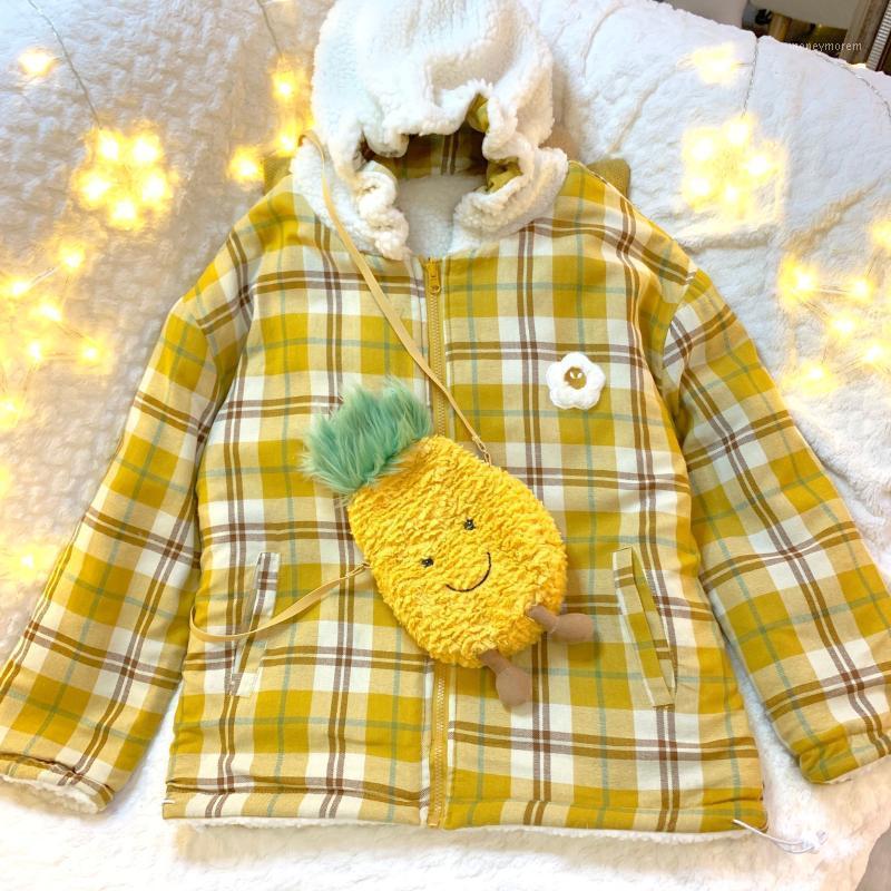 

Japanese Soft Girl Young Girl Small Fresh Poached Egg Embroidery on Both Sides Wearing A Coat Lamb Wool Plus Hooded Plaid Parkas1, Green