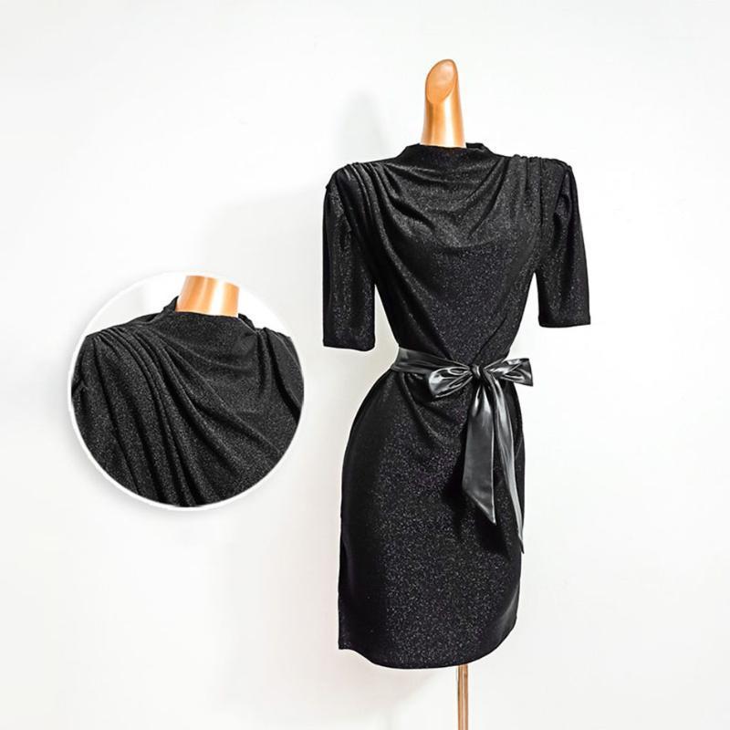 

2020 New Half Sleeve Black Latin Dance Dress with Belt Dancing Performance Women Dress Ballroom Samba Tango DL6181