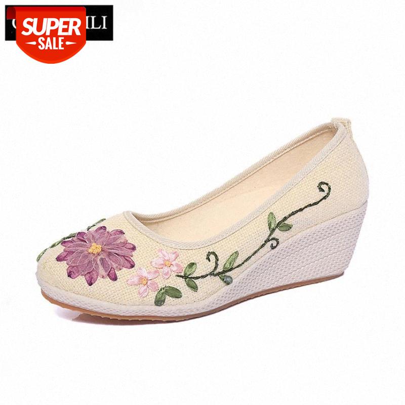 

COOTELILI Women Platform Shoes Woman Casual Wedges Slip on Pumps Flower Flax Round Toe Zapatos de mujer Size 35-40 #VA4w, Beige