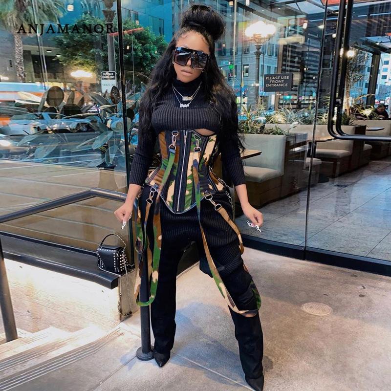 

Belts ANJAMANOR Fashion Corsets For Women Sexy Camouflage Plaid Print Zipper Ribbons Underboob Corset Wide Elastic D87-CZ19, Black;brown