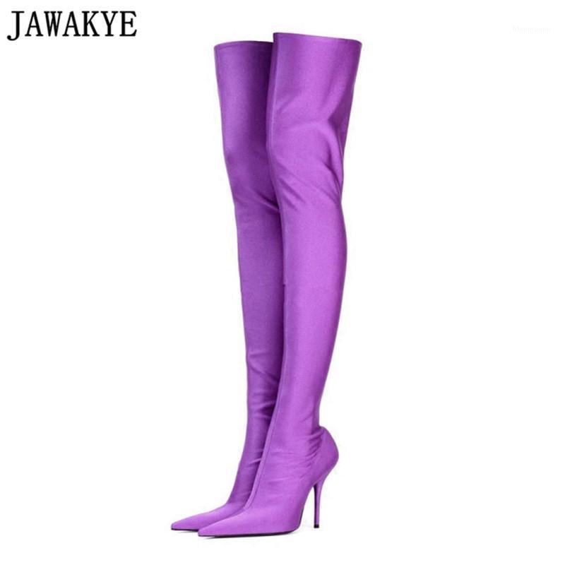 

JAWAKYE Spring Fall Silk Elastic Over the Knee Boots Women high Heels Thigh High Botas Mujer Candy Color Wedding Dress Shoes1, Beige