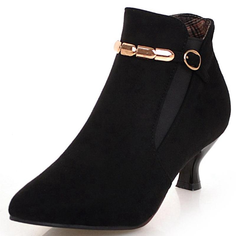 

RIBETRINI Plus Size 32-47 Female Pointed Toe Thick Med Heels Buckle Shoes Ankle Women Boots Autumn Metal Decoration Boots, Red