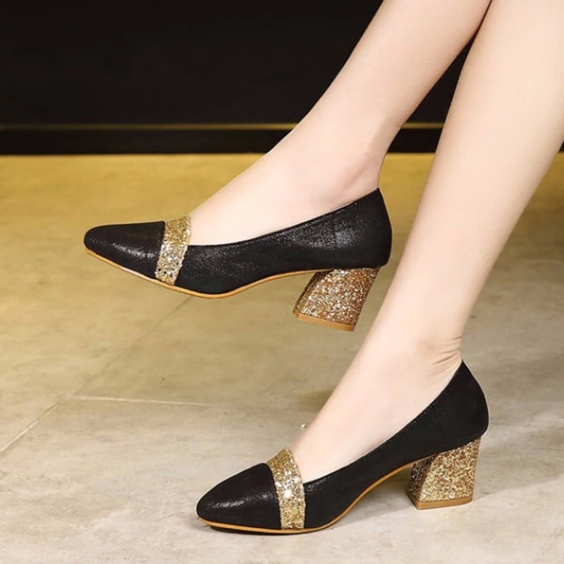 

Big Size High Heels Dress Shoes Square Heels Gold Black Patchwork Pumps Ol Office Lady Shoes zapatos mujer designer shoes N7702 #0M3Z