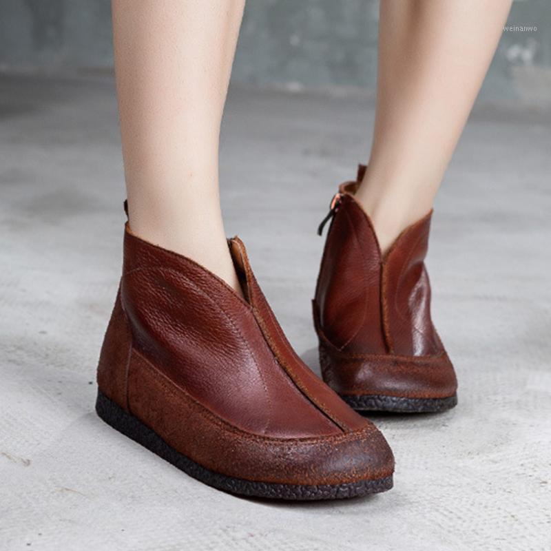 

Retro Style Full Grain Natural Leather Women Sheepskin Zipper Boots Med Heels coffee Black Round Toe Footwear Shoes For Women1