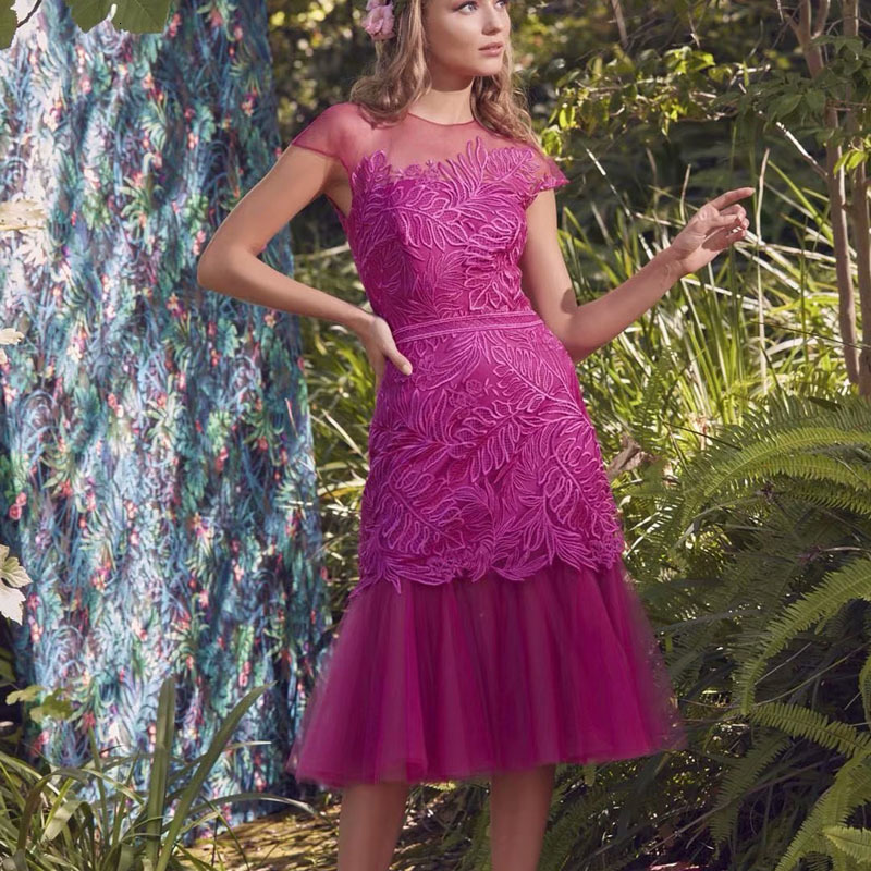 

2021 Summer New Sexy Tulle Retro Ethnic Style Embroidered Flowers Thin Party Temperament Mid-length Dress High Quality 3ns6, Fuchsia
