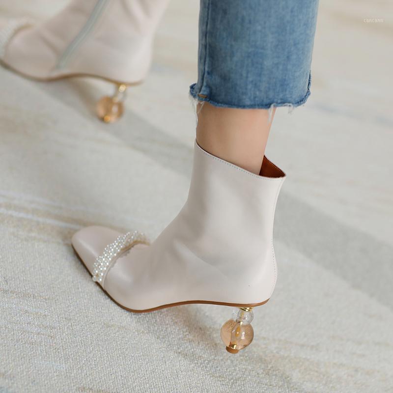 

Women Pointed Toe Pearl Zipper Ankle Boots Lace Pump Sexy Thin High Heels Female Autumn Ladies Elegant Fashion Dress Shoes1