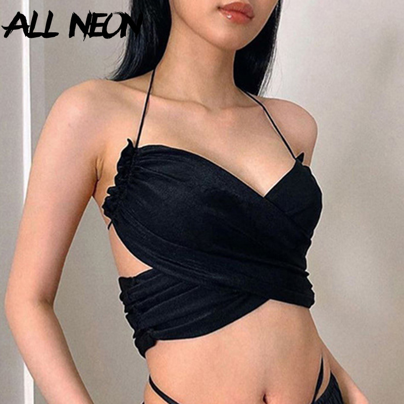 

ALLNeon Sexy Backless Ladies Party Tops Solid Halter Cross Criss Ruched Summer Tops Vintage E-girl Bandage Straped Tank Tops Y200701, Black