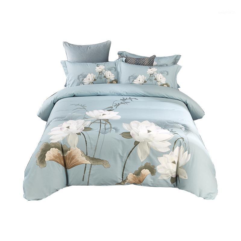

Light Blue with White Lotus Flower Bedding Set  King Size 100% Cotton Printed Duvet Cover Bed Sheets Pillowcase1, As pic