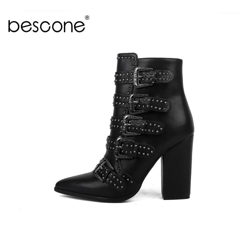 

BESCONE Sexy Pointed Toe Women Mid-Calf Boots Winter Handmade Metal Buckle Square Heel Shoes Super High Heel Ladies Boots BY1331, Black