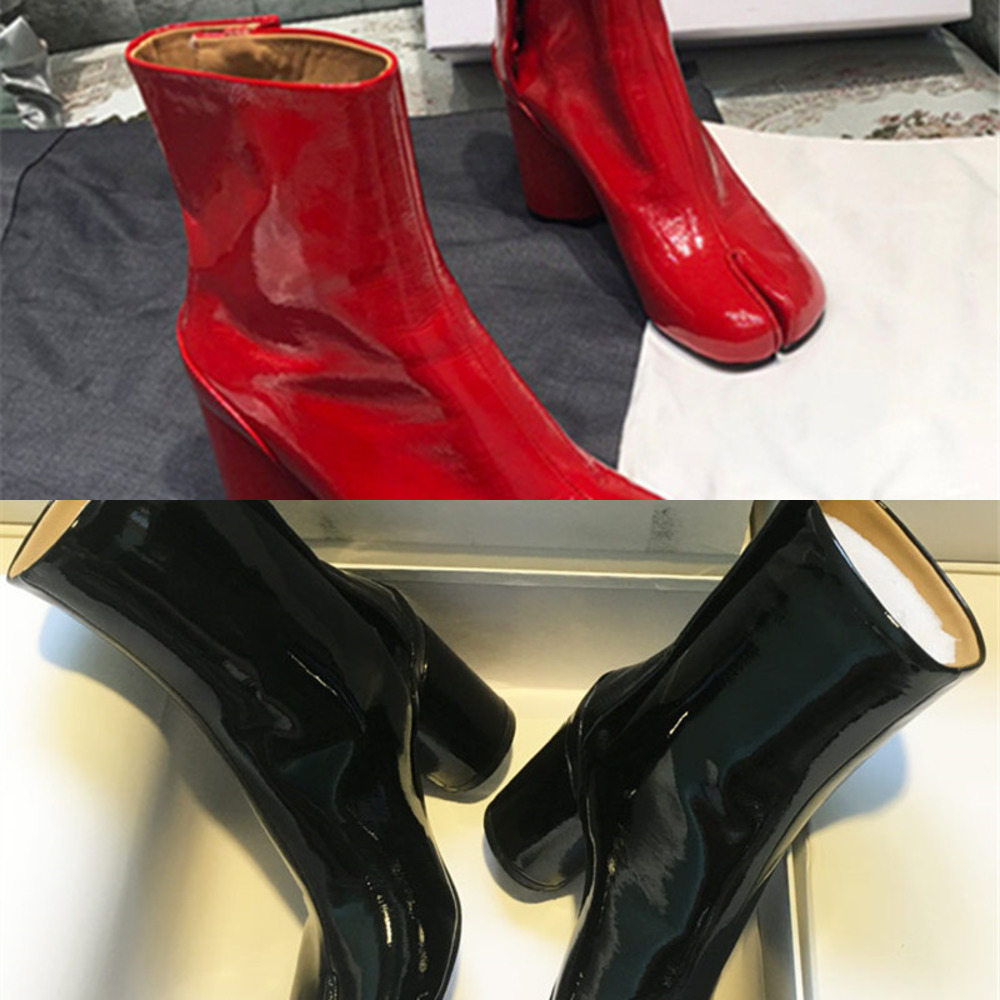 

Split Toe Genuine Cow Leather Ankle Boots Women Round Chunky High Heels Short Boots Shoes Ninja Tabi Boots C0129, Black cow leather