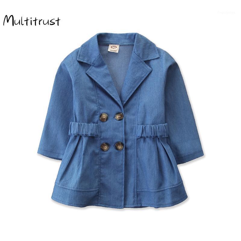 

England Style Kids Girls Solid Jackets New Autumn Spring Long Sleeve Lapel Buttons Coats with Belt Child Girl Outerwear 1-6Y1