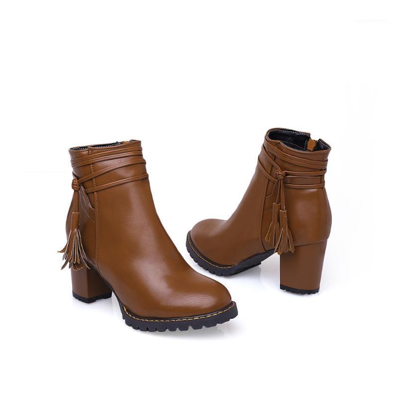 

PQECFS Big size 32-47 high quality spring & autumn & winter fashion women solid fringe high heels ankle riding boots 4 colors1, Beige