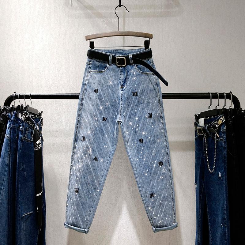 

European Spring and Autumn New Full Hot Drill Loose Jeans Harem Pants Letter Embroidery High Waist Daddy Pants Trousers, Not with belt