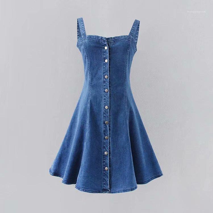 

2021 Summer Women Denim Dresses Women Spaghetti Strape Dresses1, Blue