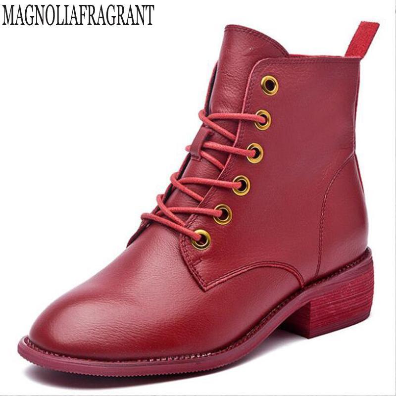 

woman Genuine Leather Motorcycle boots rain boots woman rubber lace up Ankle British style solid Thick Short y2641, Black