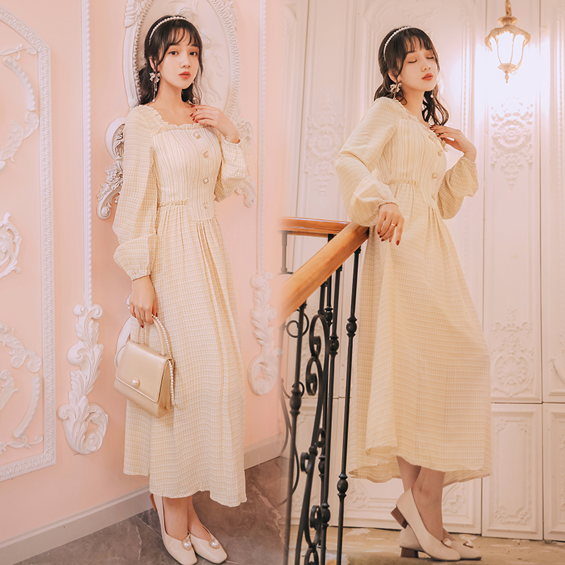 

2021 Striped Spring with Full Sleeve Dresses Vintage Fit and Enlargement Ankle Length Bandage Chess Dress Long Female Xk3j, Blue