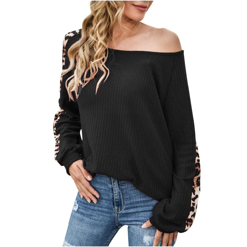 

Women' Autumn And Winter Long Sleeve Leopard Stitching Strapless T-Shirt Tops Print long Sleeve Tops Female New Year' Gift, Bu