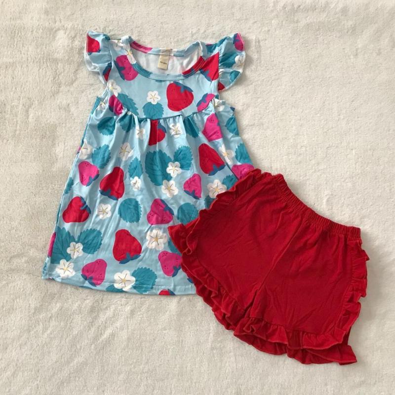 

Baby Girl Clothes Blue Flowers Shorts Sleeve Top+Red Lace Shorts Pants 2 Pics Set