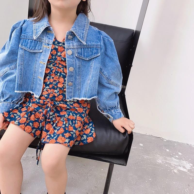 

Autumn New Arrival Korean style clothing sets long sleeve flowers princess dress with denim jacket for fashion cute baby girls, Red