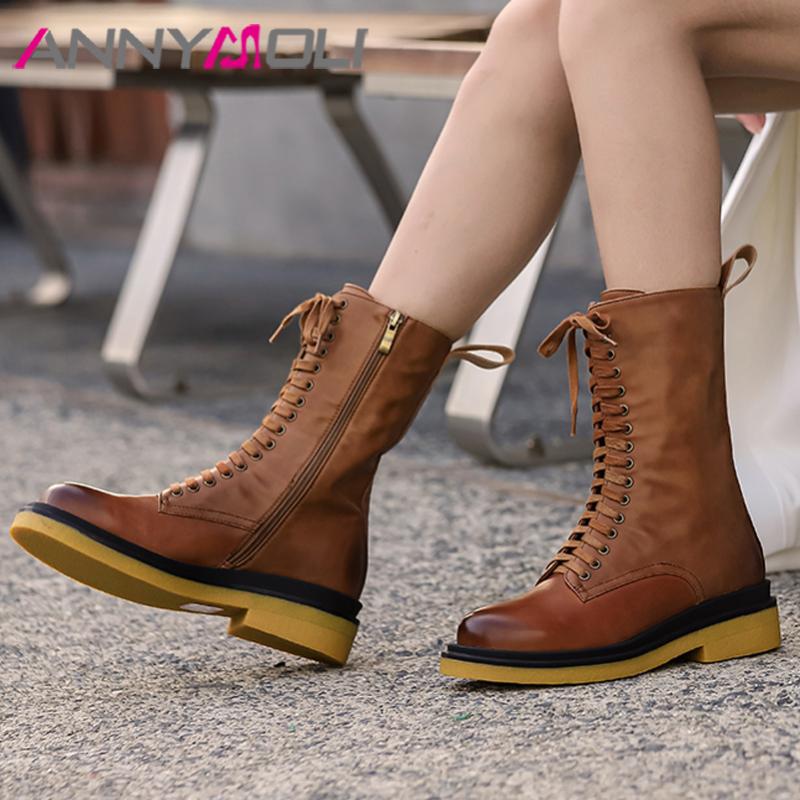 

ANNYMOLI Motorcycle Boots Women Shoes Real Leather Platform Mid Heel Mid Calf Boots Zip Lace Up Thick Heels Lady Brown 43, Black synthetic lin