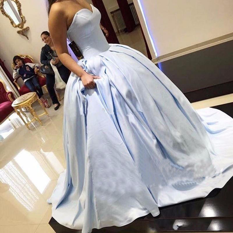 

Ice Blue Strapless Ball Gown Quinceanera Prom Dresses Sweetheart Neck Sweep Train Satin Plus Size Formal Evening Gowns, Purple