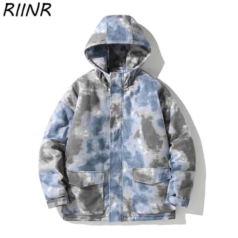

RIINR 2020 Winter New Arrival Tie Dye Cotton Jacket Men's Loose Pocket Hooded Trend Large Size Men's Coat -5XL, Blue