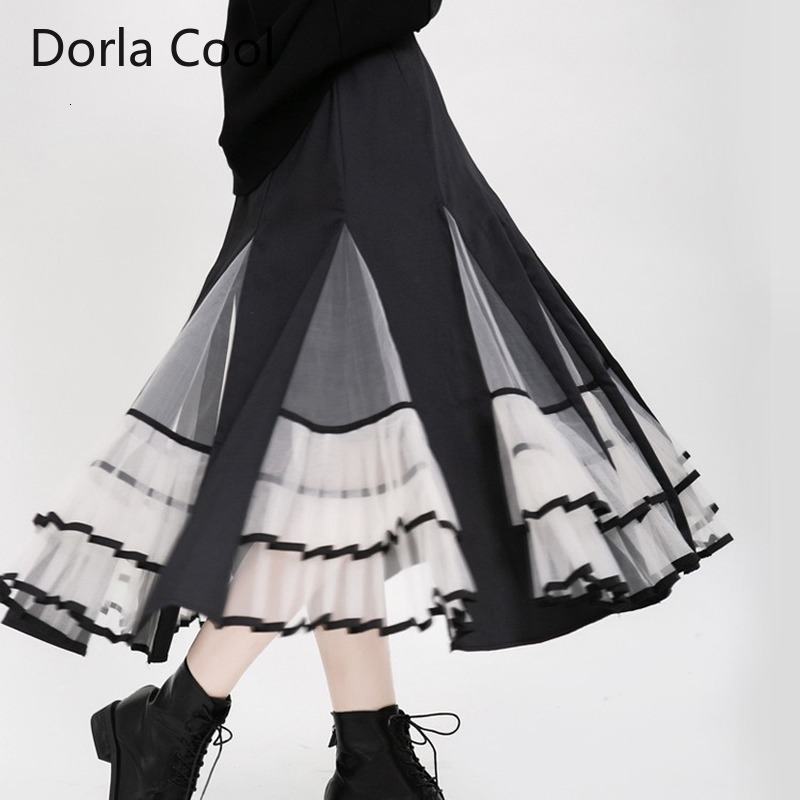 

High Street Sewn Shreds Long Skirt Drooling 50 s High-waisted of the Lady Elegant Party Personality Aline Skirts Kjfg, Black