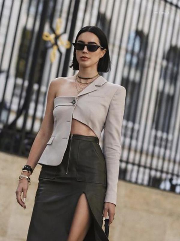 

Women' hollow asymmetric strapless blazer new arrival ladies sexy one sleeve party outwear short jacket1, Black