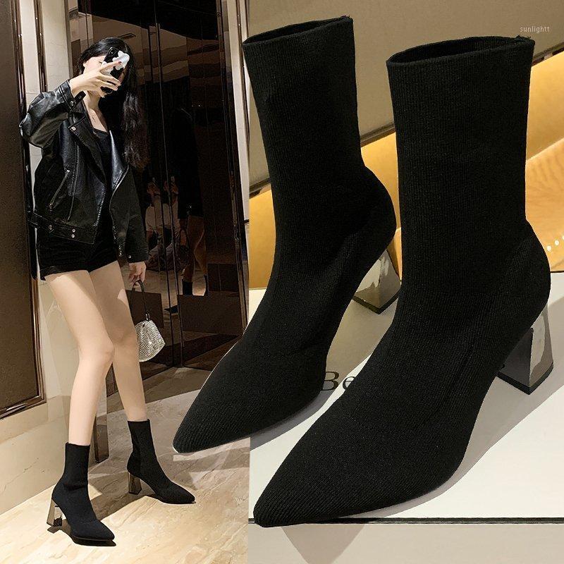 

Warm Stretch Fabric Socks Boots Shoes Woman Autumn Square Heel Ankle Boots for Women High Heels Fashion Tube Short Botas1, Black